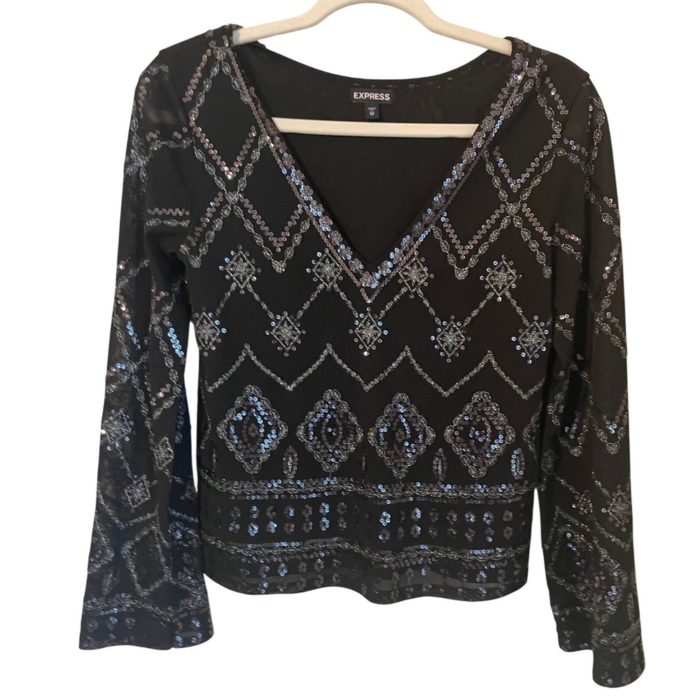 Express XS Black Mesh Flare Sleeve Top Sequin Glitter Ethnic Whimsigoth Glam